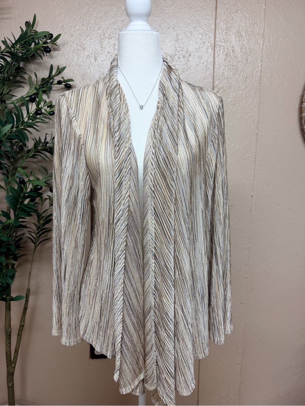 Women's Open-Front Striped Draped Cardigan- Light Taupe
